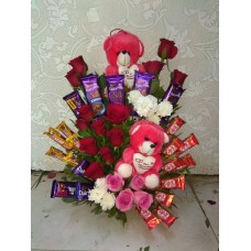 Mix Chocolate + Teddy With Mix Flowers Basket