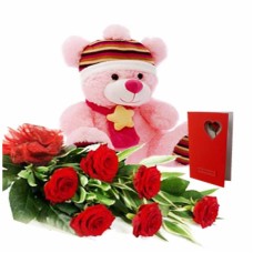 6 Red Roses Bunch , 1 Teddy Bear and Greeting Card