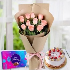 Bouquet Of Pink Roses & Celebration With Cake