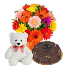 Mix Gerbera Bunch & Cake With Teddy