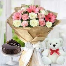 Mix Flowers & Teddy With Chocolate Cake