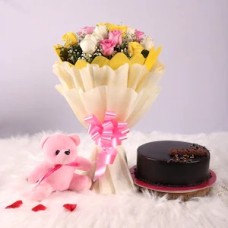 Mix Rose Bunch & Cake Teddy