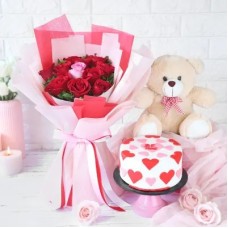 Mix Rose Bouquet & Cake With Teddy