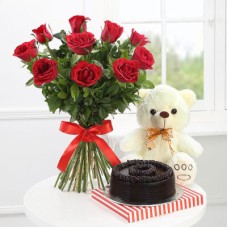 Red Rose & Chocolate Cake With Teddy