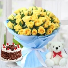 Yellow Rose Bunch & Cake With Teddy