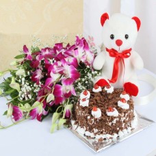 Orchid Bunch & Cake With Teddy