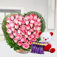 Heart Shape Pink Roses & 6 inch Teddy bear with Chocolate