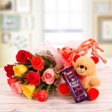 Mix Roses N Teddy Bear With Silk