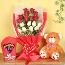 Red & White Roses N Teddy With Chocolate