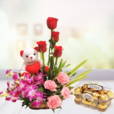 Mix Flower N Teddy Basket With Rocher