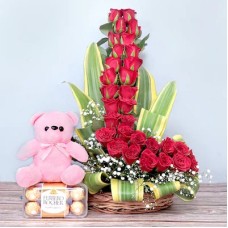 Rose Basket Arrangement N Teddy Rocher