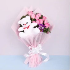 Wonderful Pink Roses Chocolate Teddy Bunch