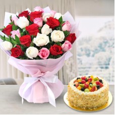 Mix Roses Bunch With Mix Fruits Cake