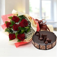 Red Rose Bunch & Chocolate Cake