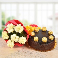 White Carnations With Ferrero Rocher Chocolate Cake