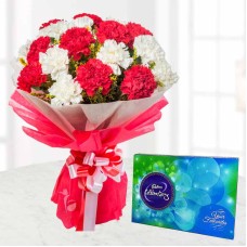 10 Red and White Carnations Bunch And Cadbury Celebrations Box