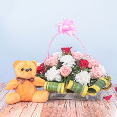 Basket Of Mix Flowers N Teddy