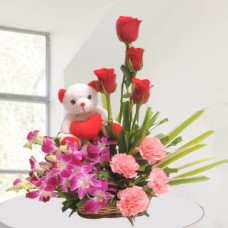 Mix Flower N Teddy Arrange Basket