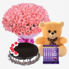 Teddy Cake N Pink Roses With Dairy Milk