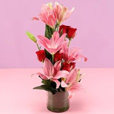 Pink Lilies & Red Roses Vase