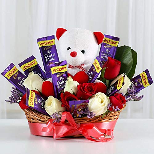 Chocolate & Teddy With Flowers Basket Arrangement
