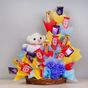 Mix Chocolate With Teddy With Basket Arrangement