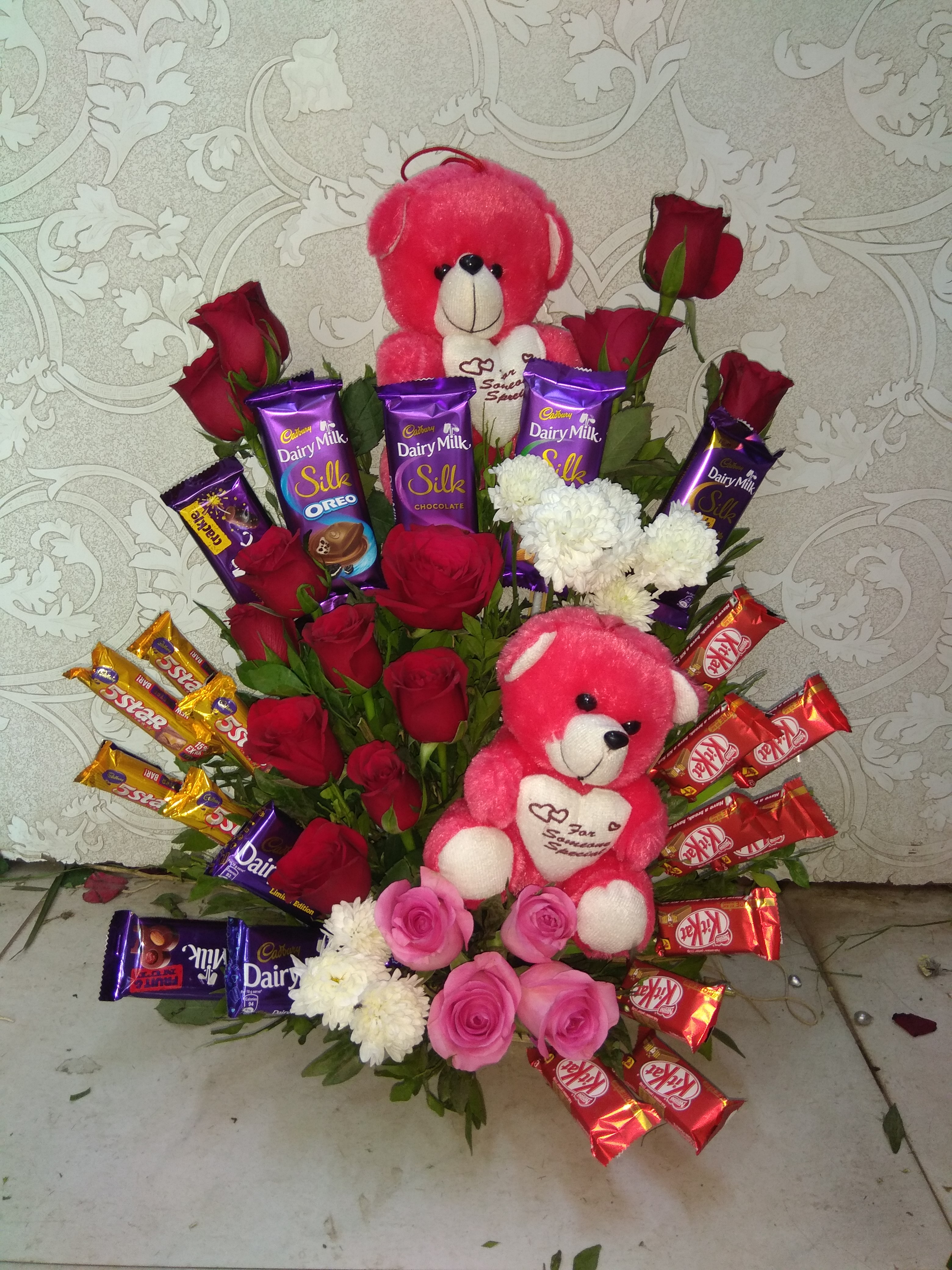 Mix Chocolate + Teddy With Mix Flowers Basket