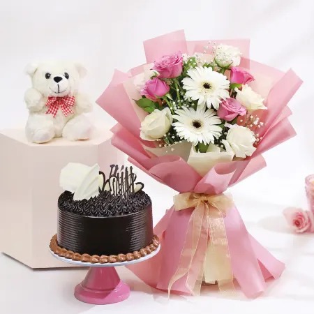 Chocolate N Flowers With Teddy N Cake
