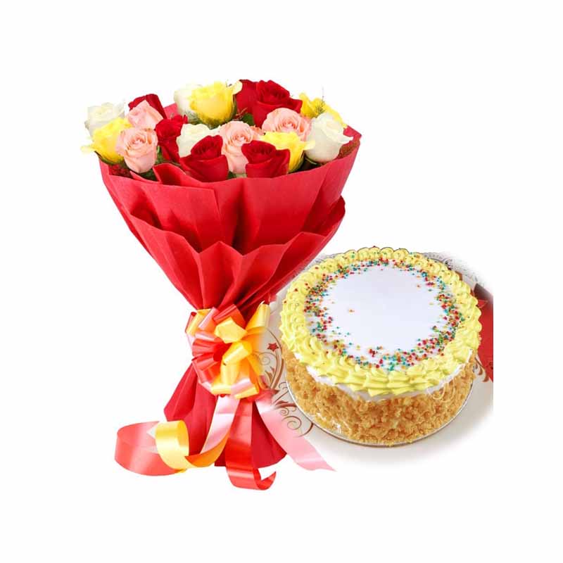 12 Red and Yellow Roses & 1/2 kg Buttersoctch Cake